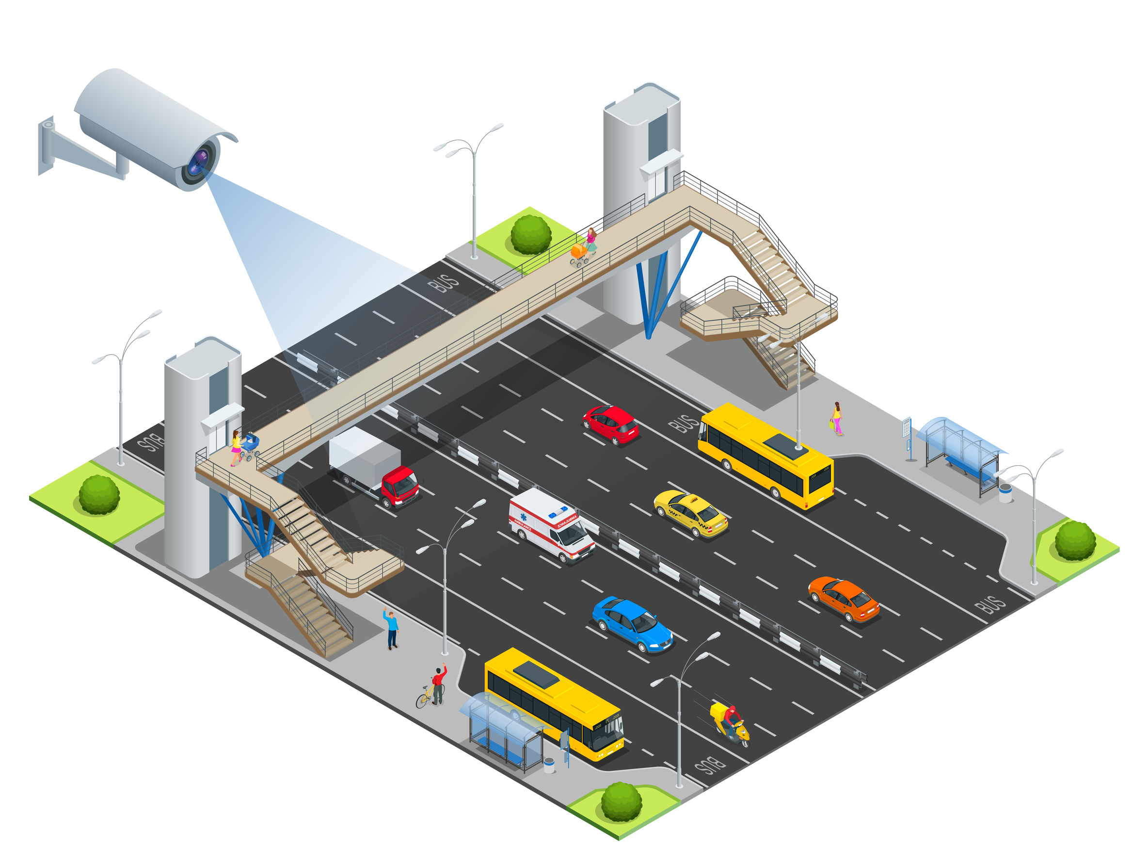 54184447 - security camera detects the movement of traffic. cctv security camera on isometric illustration of traffic jam with rush hour. traffic 3d isometric vector illustration. traffic monitoring cctv